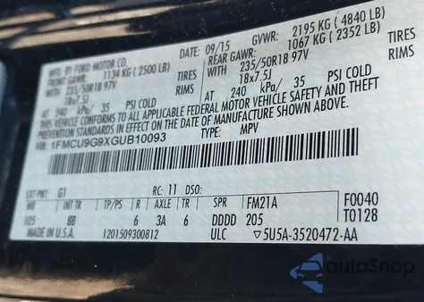 2016 Ford Escape Se from USA, damaged, VIN 1FMCU9G9XGUB10093